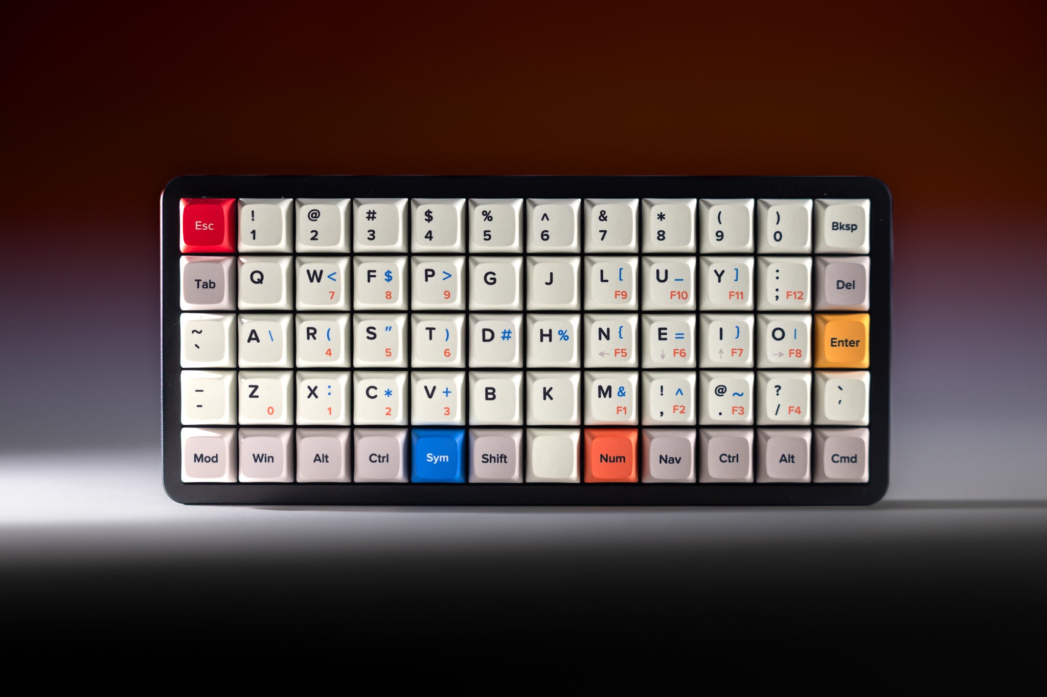 Preonic Rev 4 shot head-on showing the five-row ortholinear grid