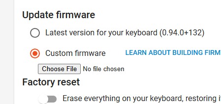Chrysalis Update firmware panel showing the Custom firmware option with a Choose File button