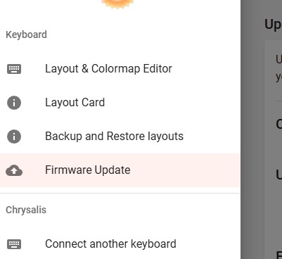 Chrysalis sidebar menu with Firmware Update highlighted